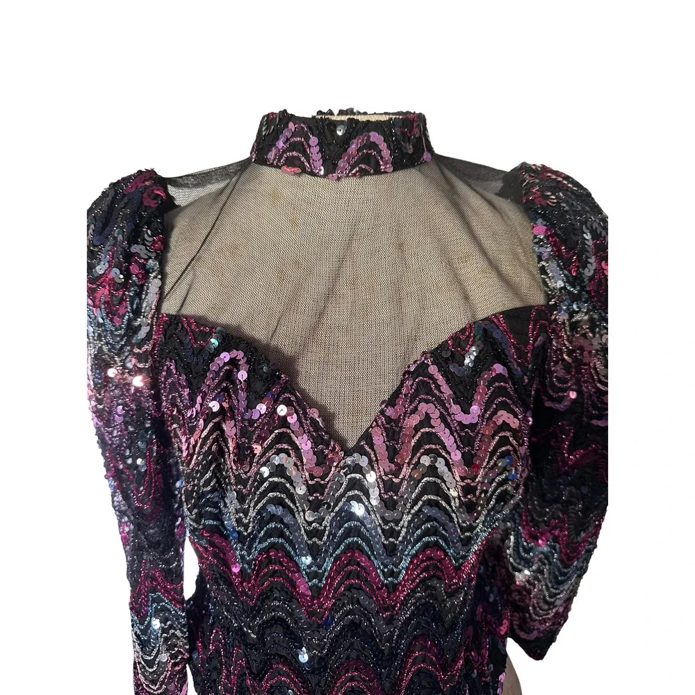 80s Pink Sequin Black Mesh Party Blouse SM/MED
